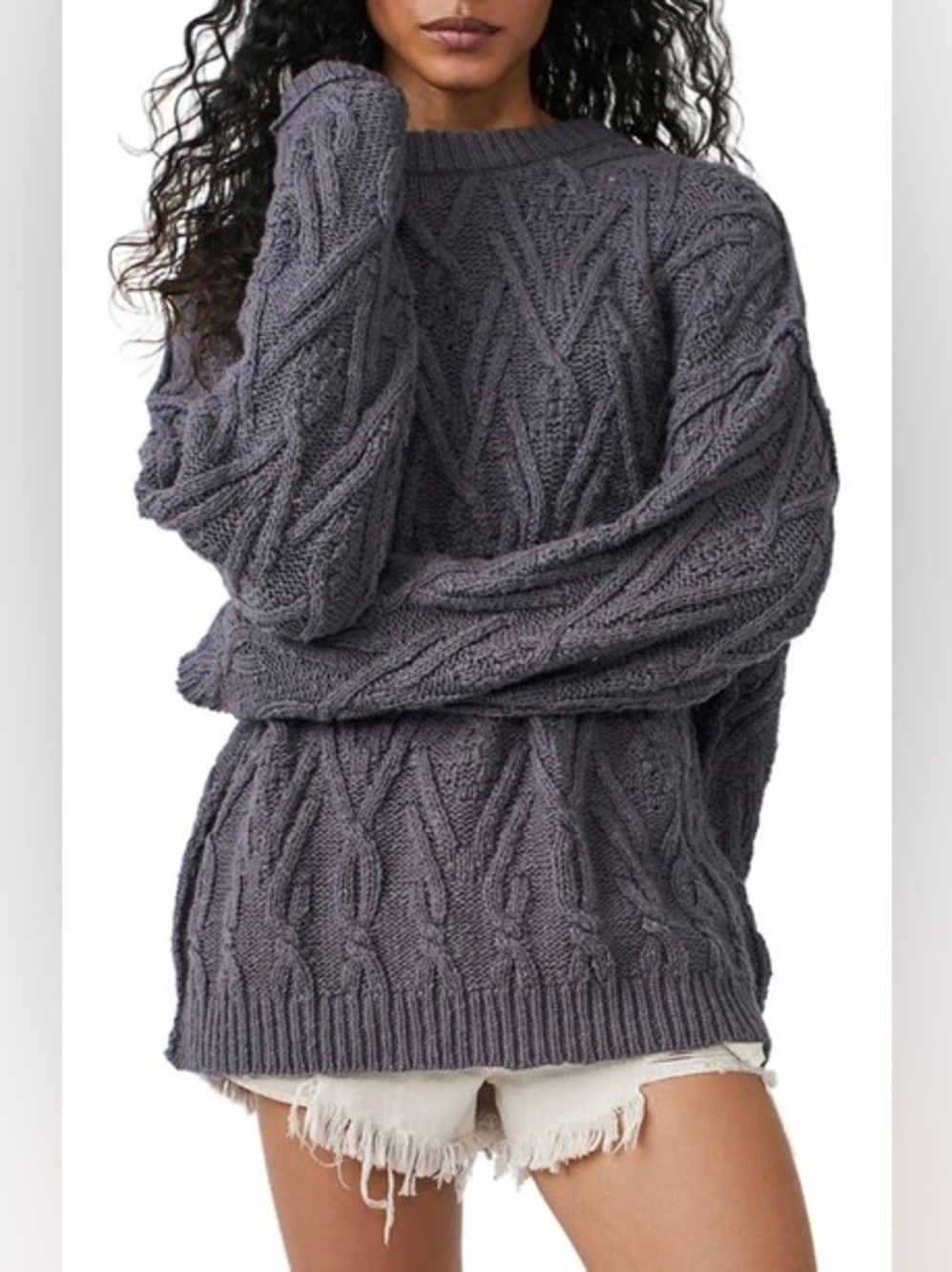 Free People womens M Medium grey oversized ilsa cable knit cotton sweater EUC